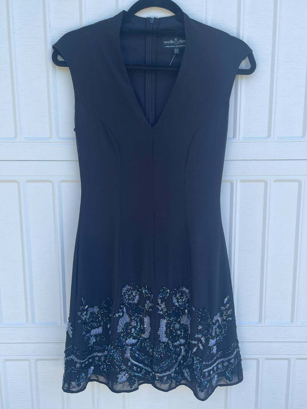 Needle & Thread Women's Border Floral Mini Dress Black Embellished V-Neck- 2